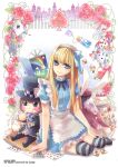  alice alice_in_wonderland blonde_hair blush bow card card_creature cards dress flower hair_bow hairband heart lying_card person_on_card playing_card striped striped_legwear striped_thighhighs thighhighs zenyu 