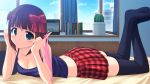  amami_haruka black_legwear blush breasts brown_hair cactus camisole cleavage green_eyes hair_ribbon holding holding_panties idolmaster kageira midriff no_shoes on_bed on_stomach panties pink_panties plaid plant potted_plant red_skirt ribbon short_hair side-tie_panties smile solo tartan tartan_skirt thigh-highs thighhighs underwear wallpaper window zettai_ryouiki 