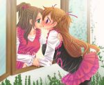  2girls arm_grab blush cherry_peachcat eye_contact houjou_hibiki hug incipient_kiss love minamino_kanade multiple_girls plant precure shy smile suite_precure window yuri 