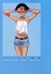  armpits arms_up black_hair camisole closed_eyes copyright_request eyes_closed highres midriff navel scan short_hair shorts solo takamichi 