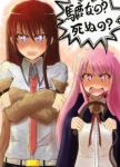  angry brown_hair cape crossed_arms crossover fangs kc_(babyface11922) long_hair louise_francoise_le_blanc_de_la_valliere makise_kurisu multiple_girls pentacle pink_eyes pink_hair purple_eyes steins;gate trait_connection translated tsundere violet_eyes whip zero_no_tsukaima 