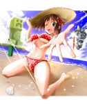  amami_haruka barefoot beach bikini breasts brown_hair cloud creeper crossover dutch_angle floating_island foreshortening front-tie_top green_eyes hands hat idolmaster kuno_touya kuno_toya lens_flare minecraft navel open_hand open_mouth outstretched_hand perspective polka_dot polka_dot_bikini polka_dot_swimsuit reaching shell short_hair side-tie_bikini sitting sky smile sparkle straw_hat sun_hat swimsuit underboob wariza wink xbox_360 