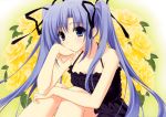  blue_eyes blue_hair bow breasts chin_rest cleavage collarbone copyright_request dress flower hair_bow highres long_hair rose sitting solo suzuhira_hiro twintails yellow_background yellow_rose 