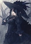  black black_dress dress elf gloves gothic green_eyes hat highres open_mouth original pointy_ears solo tree veil 