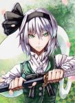  bow bust embellished_costume ghost green_eyes hair_bow hairband katana konpaku_youmu konpaku_youmu_(ghost) scabbard sheath short_hair silver_hair solo sukocchi sword touhou tsurime unsheathing vest weapon 