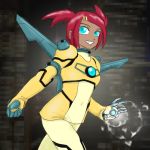  armor blue_eyes cyborg dark_skin gloves hair_ornament hairclip jetpack red_hair redhead robot robot_sari sari_sumdac science_fiction simple_background smile solo transformers transformers_animated twintails 