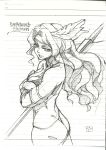  amazon_(dragon&#039;s_crown) amazon_(dragon's_crown) armlet ass axe circlet dragon&#039;s_crown dragon's_crown feathers highres long_hair monochrome sketch solo vanillaware weapon yamazaki_(now_printing) 
