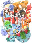  2girls 4boys artist_request black_eyes black_hair blastoise blue_(pokemon) brown_eyes brown_hair bulbasaur charizard charmander charmeleon dual_persona ivysaur leaf_(pokemon) leaf_(pokemon)_(classic) multiple_boys multiple_girls ookido_green ookido_green_(classic) pokemon pokemon_(creature) pokemon_firered_and_leafgreen pokemon_red_and_green pokemon_rgby red_(pokemon) red_(pokemon)_(classic) squirtle venusaur wartortle 