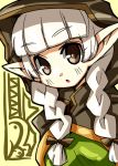  bow braid brown_eyes cloak dragon&#039;s_crown dragon's_crown elf_(dragon&#039;s_crown) elf_(dragon's_crown) hair_bow hood nekoyuu pointy_ears silver_hair solo twin_braids vanillaware 