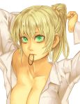  and aqua_eyes blonde_hair breasts bust cleavage hairdressing mouth_hold mustard_seeds original ponytail shirt solo 