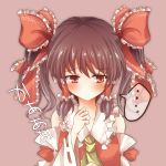  1girl alternate_hairstyle arm_up ascot bad_id blush bow brown_hair bust detached_sleeves dress hair_bow hair_tubes hakurei_reimu looking_away miko necktie pasutel red_dress red_eyes shy solo touhou twintails 
