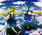  ascot blue_eyes blue_hair bow cirno cloud clouds daiyousei dress flying green_eyes green_hair hair_bow multiple_girls nosuku socks touhou water white_legwear wings 