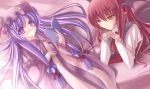  animal_ears book business_suit crescent dress hair_ribbon hands_clasped hat head_wings highres koakuma long_hair marionette_(excle) multiple_girls necktie on_back on_stomach patchouli_knowledge pointy_ears purple_dress purple_eyes purple_hair red_eyes red_hair redhead ribbon smile the_embodiment_of_scarlet_devil touhou violet_eyes 