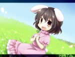  animal_ears black_hair blush brown_eyes bunny_ears bunny_tail carrot character_name cherry_blossoms chibi clover dress flower four-leaf_clover grass hands_on_own_chest hands_to_chest highres inaba_tewi jewelry letterboxed necklace open_mouth pink_dress short_hair smile solo tail touhou yamabuki_(yusuraume) 