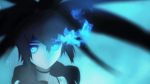  animated animated_gif bikini_top black_hair black_rock_shooter black_rock_shooter_(character) black_rock_shooter_(game) blue_eyes blue_flame coat fire flame gif glowing glowing_eyes long_hair solo ufotable 