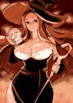  breasts dragon&#039;s_crown dragon's_crown dress hat hounori large_breasts long_hair monochrome skull solo sorceress_(dragon&#039;s_crown) sorceress_(dragon's_crown) staff strapless_dress witch_hat 
