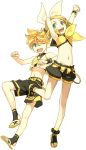  1boy 1girl adapted_costume armpits belly blonde_hair blue_eyes bow boy boy_and_girl clenched_hand clenched_hands crop_top female fist fists girl hair_bow hair_ornament hairclip hidari hidari_(left_side) kagamine_len kagamine_rin leg_lift lowres male midriff navel necktie open_mouth raised_hand raised_leg sandals short_hair short_shorts shorts siblings simple_background sleeveless smile summer swimsuit twins vocaloid wink 
