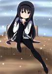  akemi_homura black_hair boots long_hair mahou_shoujo_madoka_magica mitsuki_(mitsukitei) pantyhose skirt smile solo thigh_boots thighhighs 