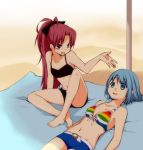  akr_et barefoot beach bikini blue_eyes blue_hair bow breasts cleavage empty_eyes fang front-tie_top hair_bow lying mahou_shoujo_madoka_magica miki_sayaka multiple_girls navel parody ponytail red_eyes red_hair redhead sakura_kyouko spoilers striped striped_bikini striped_swimsuit swimsuit 