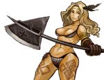  amazon_(dragon&#039;s_crown) amazon_(dragon's_crown) armlet armor axe bad_id bikini_armor blonde_hair circlet dragon&#039;s_crown dragon's_crown feathers gloves highres long_hair muscle solo tattoo vanillaware weapon yellow_eyes 