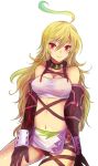  bare_shoulders blonde_hair blush breasts choker cleavage gauntlets gradient_hair kara_(color) long_hair midriff milla_maxwell multicolored_hair simple_background smile solo tales_of_(series) tales_of_xillia taut_shirt tubetop 