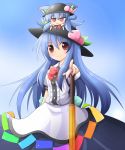  :3 animal_ears blue_hair dress food fruit hat highres hinanawi_tenshi long_hair minigirl peach person_on_head pic2_toshi solo sword sword_of_hisou tail touhou weapon 