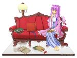  animal_ears barefoot book bookshelf cat_ears cat_tail couch crescent hat hat_removed headwear_removed kemonomimi_mode long_hair patchouli_knowledge pillow purple_eyes purple_hair rinku sitting solo tail touhou violet_eyes wink yawning 