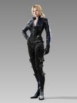  absurdres blonde_hair boots catsuit gloves hand_on_hip highres hips jacket leather leather_suit lips namco nina_williams ponytail realistic tekken tekken_blood_vengeance tekken_tag_tournament_2 thigh-highs thigh_boots thighhighs unzipped 