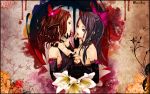  copyright_request highres long_hair multiple_girls mutual_yuri open_mouth purple_hair red_hair redhead redjuice wallpaper yuri 