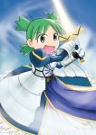  armor child cosplay crossover fate/stay_night fate_(series) green_eyes green_hair koiwai_yotsuba mutsu open_mouth quad_tails saber_(cosplay) short_hair smile solo sword weapon yotsubato! 