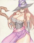  artist_request blush breasts brown_eyes brown_hair cleavage curvy detached_sleeves dragon&#039;s_crown dragon's_crown dress hat huge_breasts large_breasts long_hair side_slit solo sorceress_(dragon&#039;s_crown) sorceress_(dragon's_crown) staff strapless_dress traditional_media vanillaware weapon 