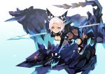  blue_eyes breasts cleavage lance mecha multicolored_eyes original polearm pump_(artist) riding smirk solo weapon white_hair wolf 