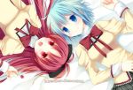  alternate_costume blue_eyes blue_hair bow candy collaboration hair_bow lollipop long_hair lying mahou_shoujo_madoka_magica miki_sayaka minakami_kurena multiple_girls natsume_eri open_mouth red_eyes red_hair redhead sakura_kyouko school_uniform short_hair smile 