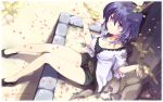  bare_legs belt bird bird_on_hand bird_on_head blouse blue_hair breasts cardigan cleavage fading_borders from_above fujino_natsuki highres hinata_terrace impossible_clothes impossible_clothing impossible_shirt large_breasts legs long_legs nakayama_miyuki no_bra petals purple_eyes purple_hair shade shirt short_shorts shorts sitting smile solo thighs tree tree_shade violet_eyes wallpaper 