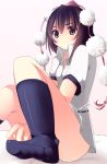  black_hair black_legwear blush bottomless brown_eyes brown_hair dress_shirt feet frown hat ikusan kneehighs no_pants shameimaru_aya shirt short_hair sitting solo tears tokin_hat touhou 