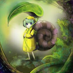  antennae blue_eyes green_hair karas kong_ya leaf monster_boy monster_girl no_humans no_nose raincoat snail solo youkai 