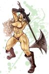  amazon_(dragon&#039;s_crown) amazon_(dragon's_crown) armlet armor axe bad_id bikini_armor boots circlet dragon&#039;s_crown dragon's_crown feathers gloves green_eyes highres long_hair lunaticjoker muscle solo towaxa_(lunaticjoker) vanillaware weapon white_hair 