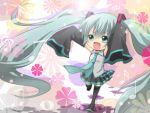  aqua_eyes aqua_hair chibi detached_sleeves hatsune_miku long_hair musical_note necktie open_mouth oversized_clothes skirt sleeves_past_wrists smile solo thigh-highs thighhighs tsujiori twintails very_long_hair vocaloid 