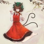  animal_ears bad_id barefoot bowtie brown_hair cat_ears cat_pose cat_tail chen cherry_blossoms face fang feet fingernails jewelry kneeling long_fingernails multiple_tails nail_polish paw_pose red_eyes short_hair single_earring skirt skirt_set smile solo tail tomoe_(itigo) touhou wink 