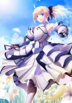  ahoge armor armored_dress bare_shoulders blonde_hair blue_eyes bow detached_sleeves dress excalibur fate/stay_night fate/unlimited_codes fate_(series) saber saber_lily solo steelleets sword weapon 