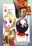  :d a_channel black_hair blonde_hair card card_(medium) card_background cards crown flower hat ichii_tooru momoki_run multiple_girls open_mouth playing_card run_(a_channel) short_hair smile sword tooru_(a_channel) upside-down weapon yasu 