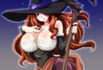  breasts brown_eyes brown_hair chirorian cleavage detached_sleeves dragon&#039;s_crown dragon's_crown dress hat hat_over_one_eye large_breasts long_hair oekaki solo sorceress_(dragon&#039;s_crown) sorceress_(dragon's_crown) staff strapless_dress vanillaware witch_hat 