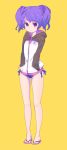  copyright_request flip-flops full_body hands_in_pockets hoodie nagisa_kurousagi parka purple_eyes purple_hair sandals short_hair short_twintails solo swimsuit swimsuit_under_clothes twintails violet_eyes yellow_background 