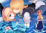  alice_margatroid aura blonde_hair blue_eyes doll floating flower from_behind grin jealous kirisame_marisa lily_(flower) multiple_girls shanghai_doll smile sound_tamashi touhou water wet wet_clothes wince yellow_eyes yuri 