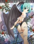  alternate_hairstyle arm_grab arms_behind_back ass bare_shoulders bat_wings blush chain demon_girl detached_sleeves elbow_gloves francis_(ohne) gloves green_eyes green_hair head_wings leotard lilith_aensland looking_back pantyhose print_pantyhose short_hair solo succubus thong thong_leotard vampire_(game) wings young 
