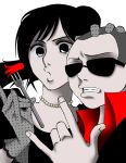  1boy 1girl black_hair conny_springer food fork gloves hand_on_another&#039;s_head jewelry monochrome necklace ponytail red sasha_browse shingeki_no_kyojin short_hair sunglasses teeth 
