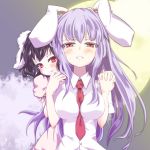  animal_ears between_breasts black_hair blush breasts bunny_ears bust commentary dress dress_shirt full_moon hands_clasped holding_hands inaba_tewi interlocked_fingers long_hair moon multiple_girls necktie purple_hair red_eyes reisen_udongein_inaba ryu-tan shirt short_hair tears touhou 
