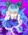  barefoot blue_hair bow cirno crystal dress enmatime face flower foreshortening from_above green_eyes hair_bow hands highres mouth_hold popsicle_stick short_hair solo touhou v wings wink 