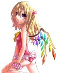  ascot ass blonde_hair flandre_scarlet kuroma_(atapi) no_hat one-piece_swimsuit open_mouth side_ponytail simple_background solo swimsuit the_embodiment_of_scarlet_devil touhou wings wrist_cuffs 