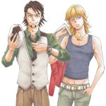  aka_hisagi bad_id barnaby_brooks_jr belt blonde_hair bracelet brown_eyes brown_hair cabbie_hat colored_pencil_(medium) facial_hair glasses green_eyes hand_in_pocket hat jacket jewelry kaburagi_t_kotetsu male midriff multiple_boys necklace necktie red_jacket short_hair stubble studded_belt tank_top tiger_&amp;_bunny traditional_media vest watch wristwatch 